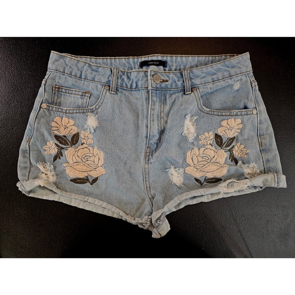 Embroidered Rose Denim Distressed Shorty Shorts 28" High Rise Cut-offs#717